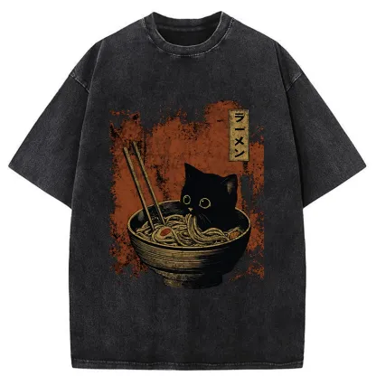 Tokyo-Tiger Retro Cat Eating Japan Ramen Washed T-Shirt
