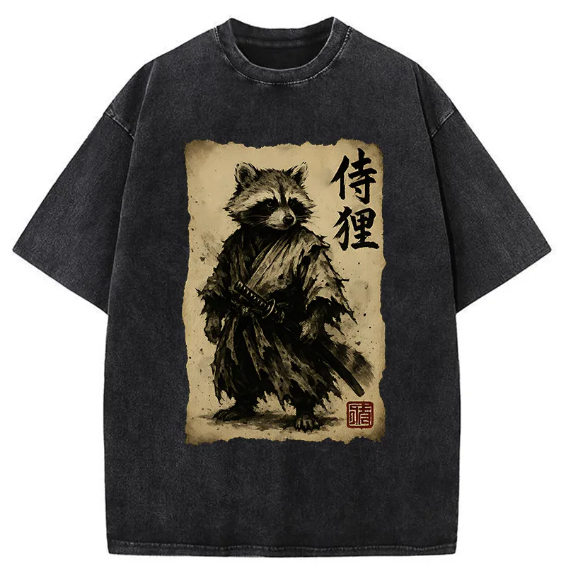 Tokyo-Tiger Retro Raccoon Samurai Washed T-Shirt Sale