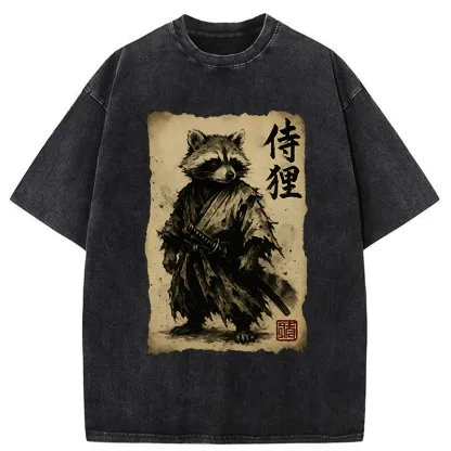 Tokyo-Tiger Retro Raccoon Samurai Washed T-Shirt