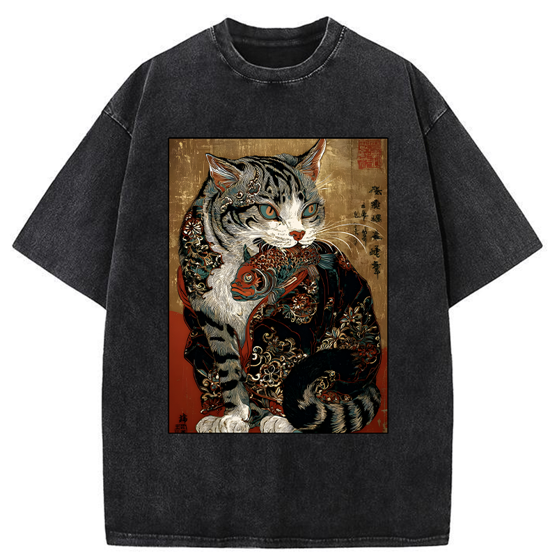 Tokyo-Tiger Gorgeous Cat Eats Fish Washed T-Shirt