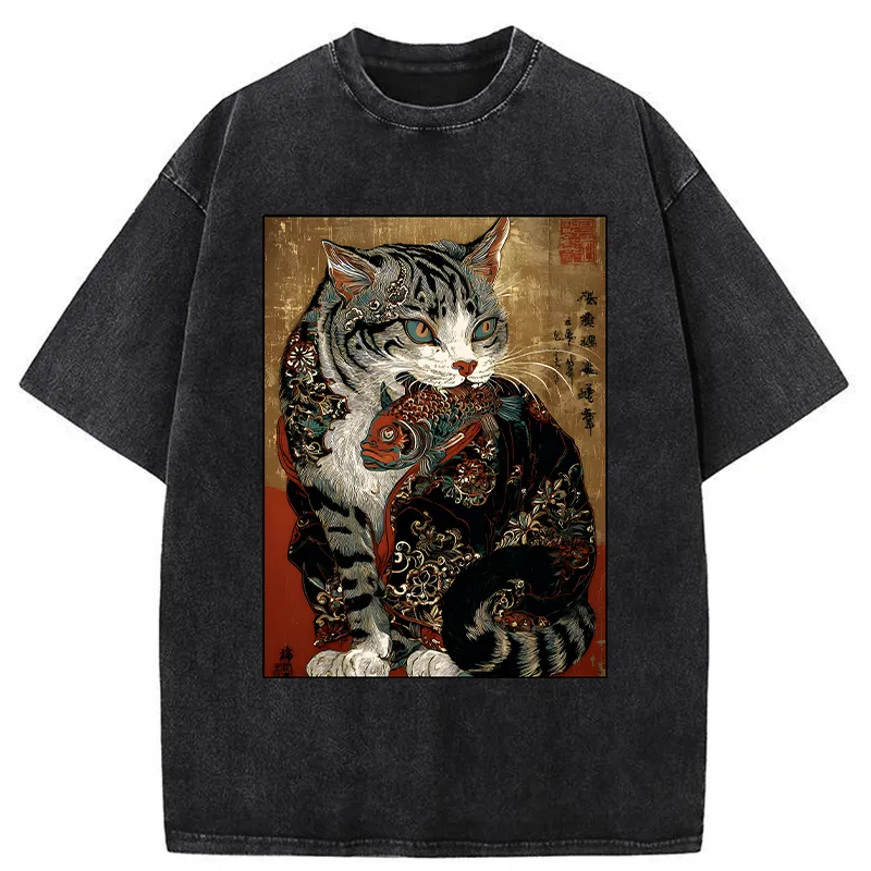 Tokyo-Tiger Gorgeous Cat Eats Fish Washed T-Shirt