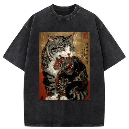 Tokyo-Tiger Gorgeous Cat Eats Fish Washed T-Shirt