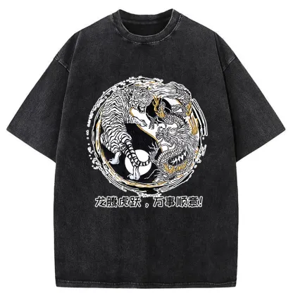 Tokyo-Tiger Dragon And Tiger Battle Washed T-Shirt
