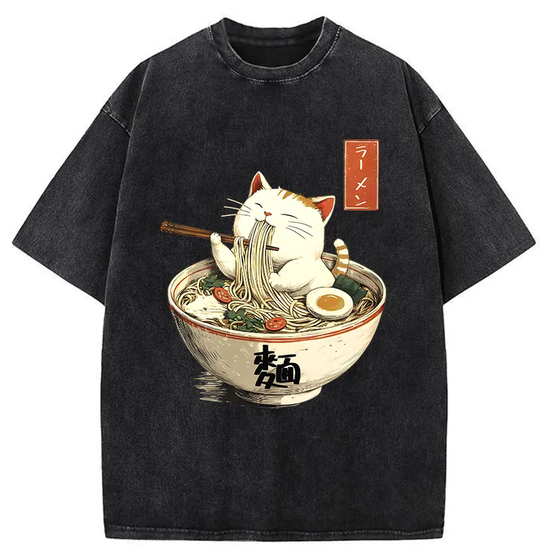 Tokyo-Tiger White Cat Eating Ramen Washed T-Shirt