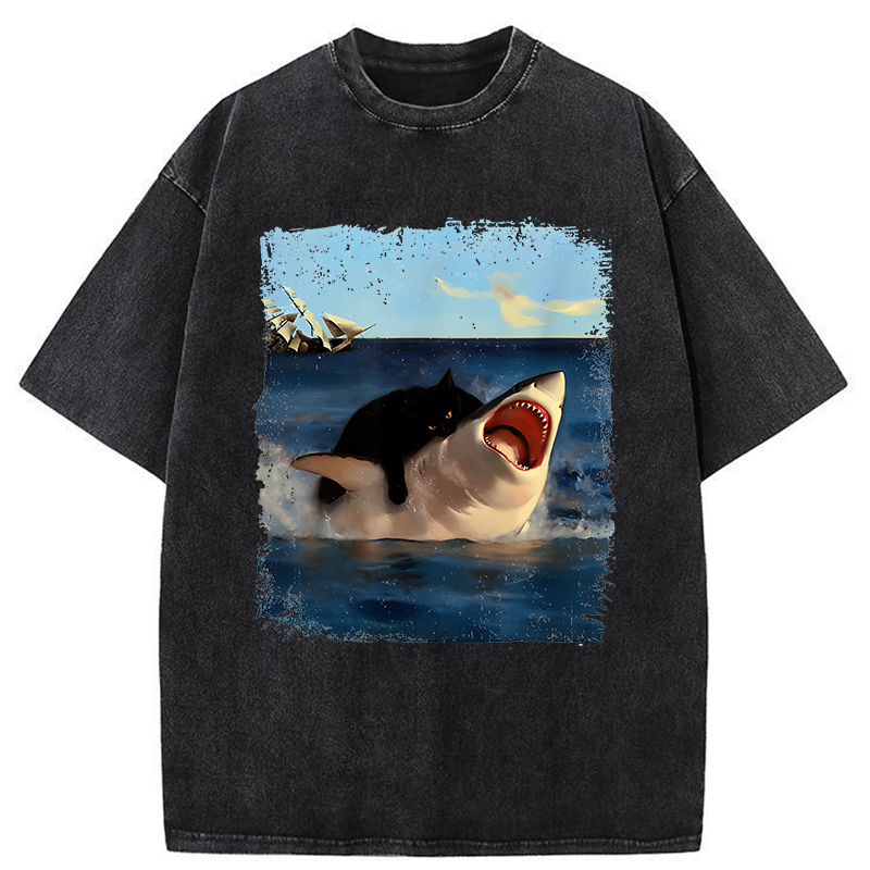 Tokyo-Tiger Cat Bites Shark Washed T-Shirt