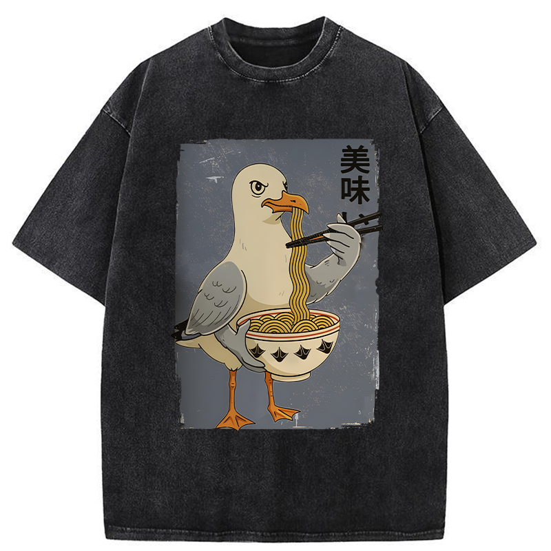 Tokyo-Tiger Pigeons Eating Ramen Washed T-Shirt