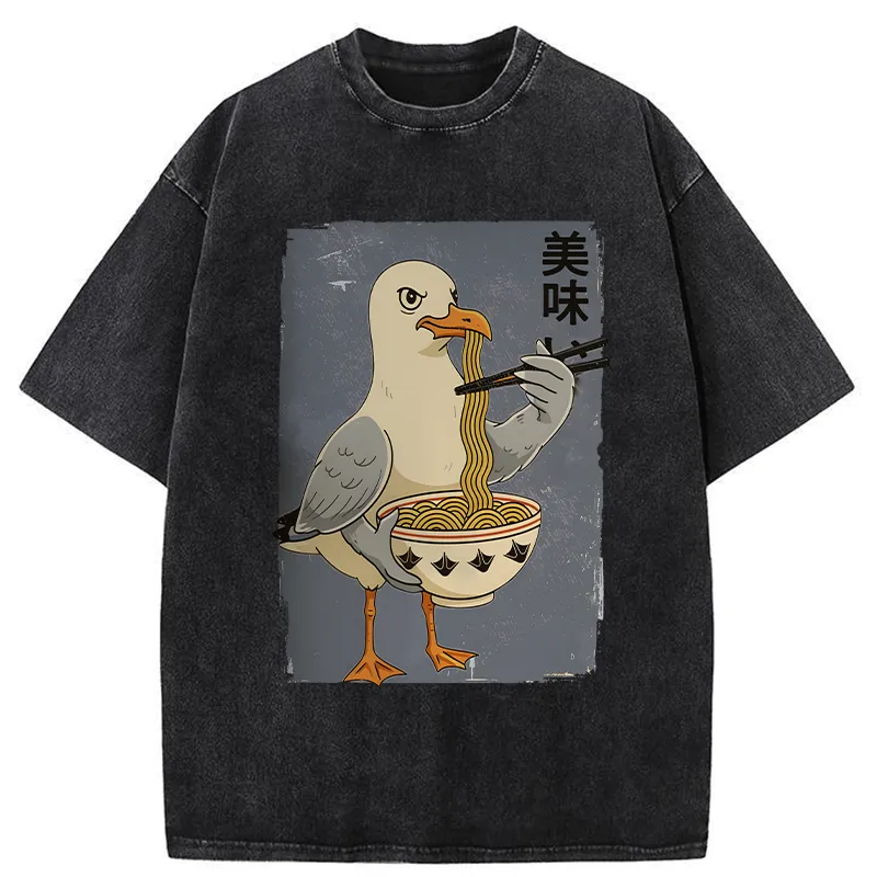 Tokyo-Tiger Pigeons Eating Ramen Washed T-Shirt Sale