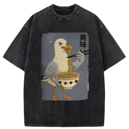 Tokyo-Tiger Pigeons Eating Ramen Washed T-Shirt