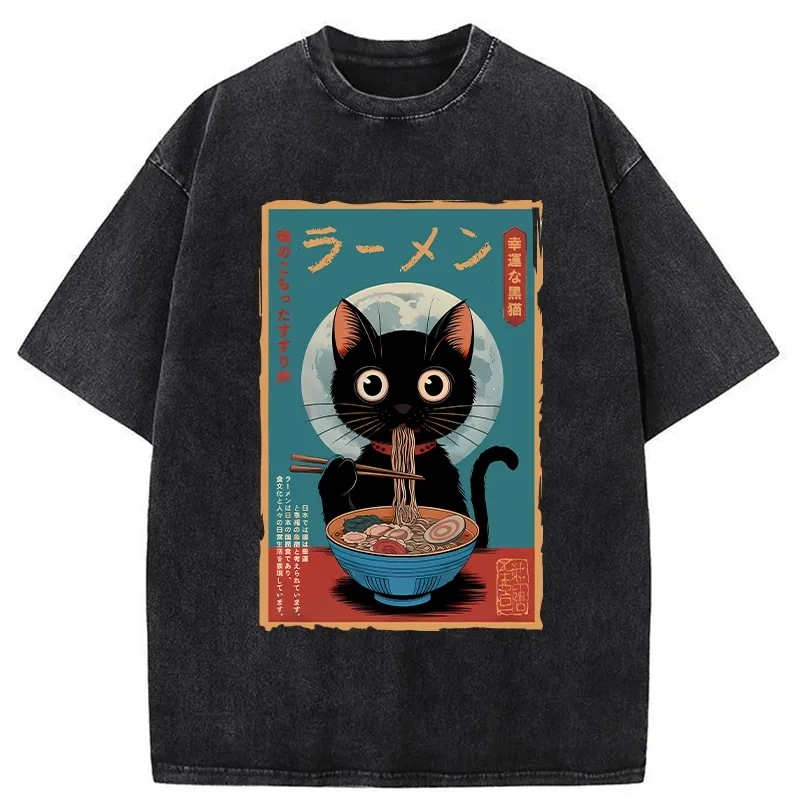 Tokyo-Tiger Ramen Fanatic Cat Washed T-Shirt
