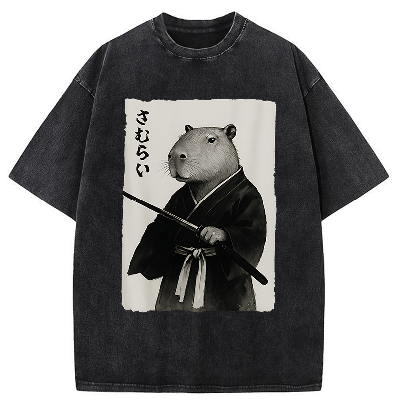 Tokyo-Tiger Capybara Japanese Samurai Washed T-Shirt