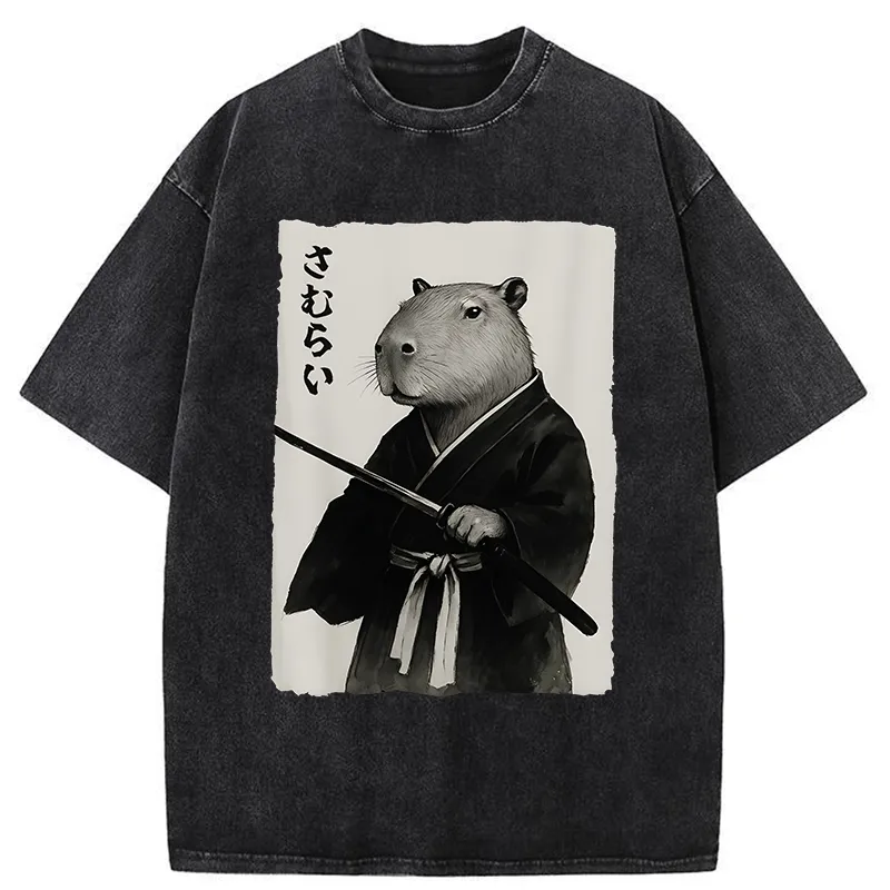 Tokyo-Tiger Capybara Japanese Samurai Washed T-Shirt