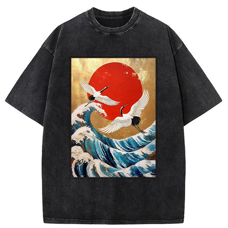 Tokyo-Tiger Cranes And Waves Ukiyo-e Washed T-Shirt