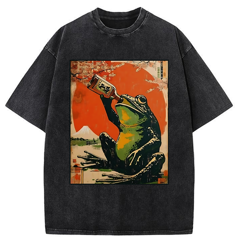 Tokyo-Tiger Frog Drinking Beer Washed T-Shirt