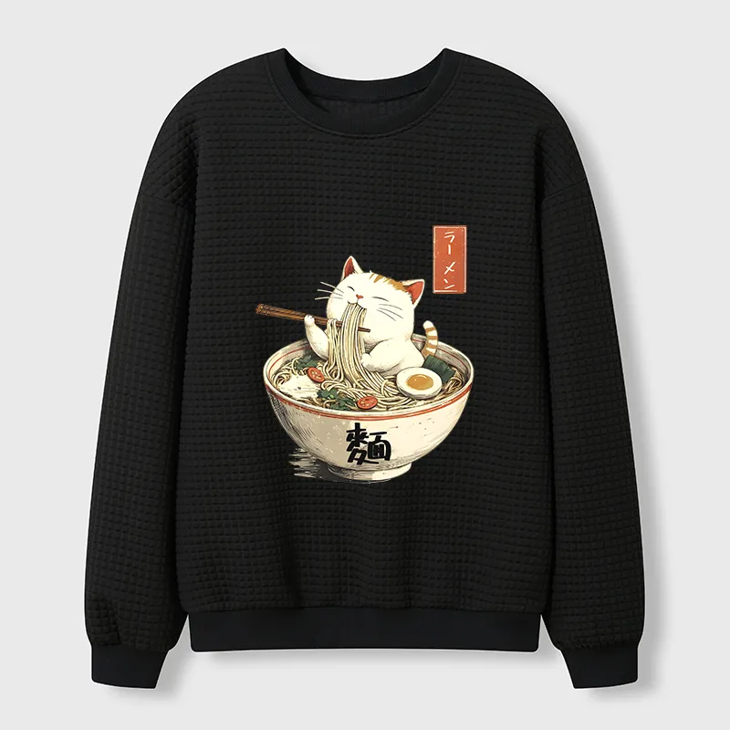 Tokyo-Tiger White Cat Eating Ramen Japan Waffle Sweatshirt