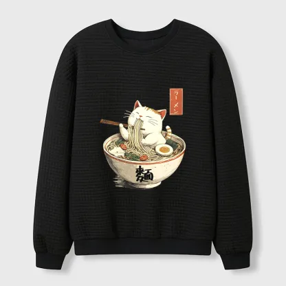 Tokyo-Tiger White Cat Eating Ramen Japan Waffle Sweatshirt