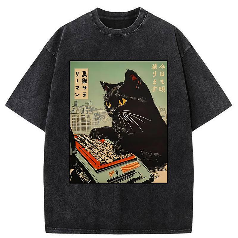 Tokyo-Tiger Cat Typing Washed T-Shirt