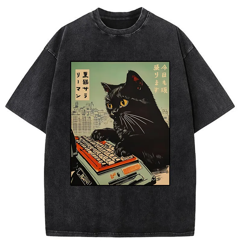 Tokyo-Tiger Cat Typing Washed T-Shirt Sale