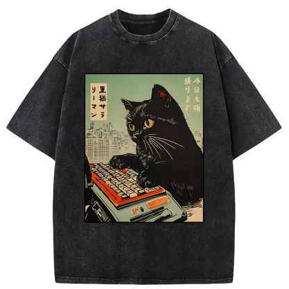 Tokyo-Tiger Cat Typing Washed T-Shirt