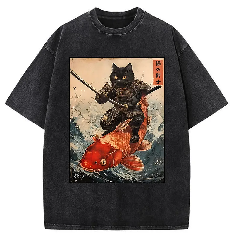Tokyo-Tiger Cat Samurai Rides Koi Carp Washed T-Shirt