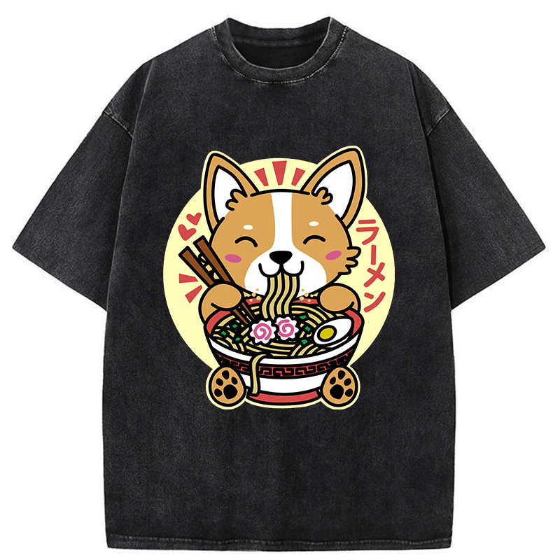 Tokyo-Tiger Corgi Eats Ramen Washed T-Shirt