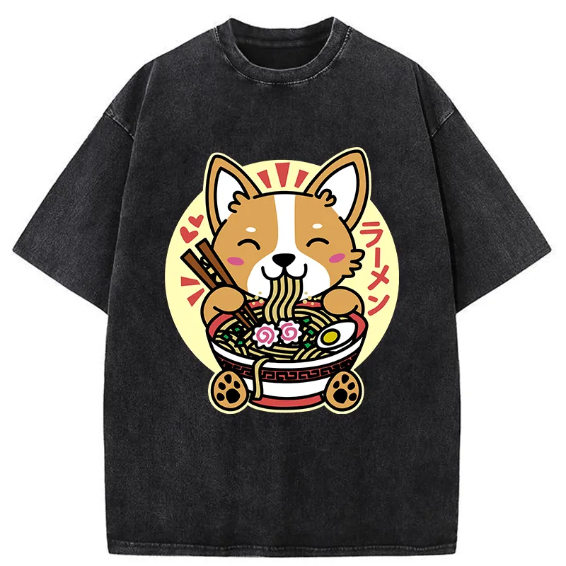 Tokyo-Tiger Corgi Eats Ramen Washed T-Shirt