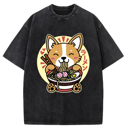 Tokyo-Tiger Corgi Eats Ramen Washed T-Shirt