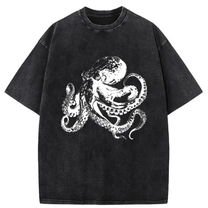 Tokyo-Tiger Woodcut Octopus Washed T-Shirt