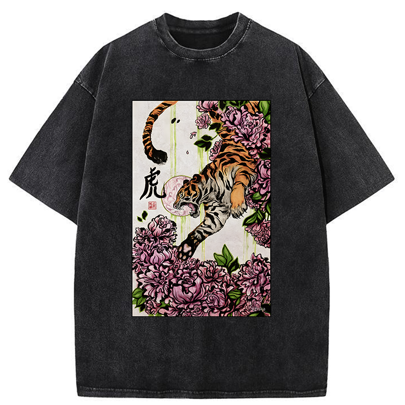 Tokyo-Tiger Tiger And Peony Washed T-Shirt