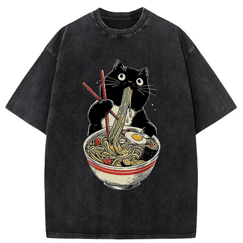 Tokyo-Tiger Black Cat Eats Ramen Japanese Washed T-Shirt