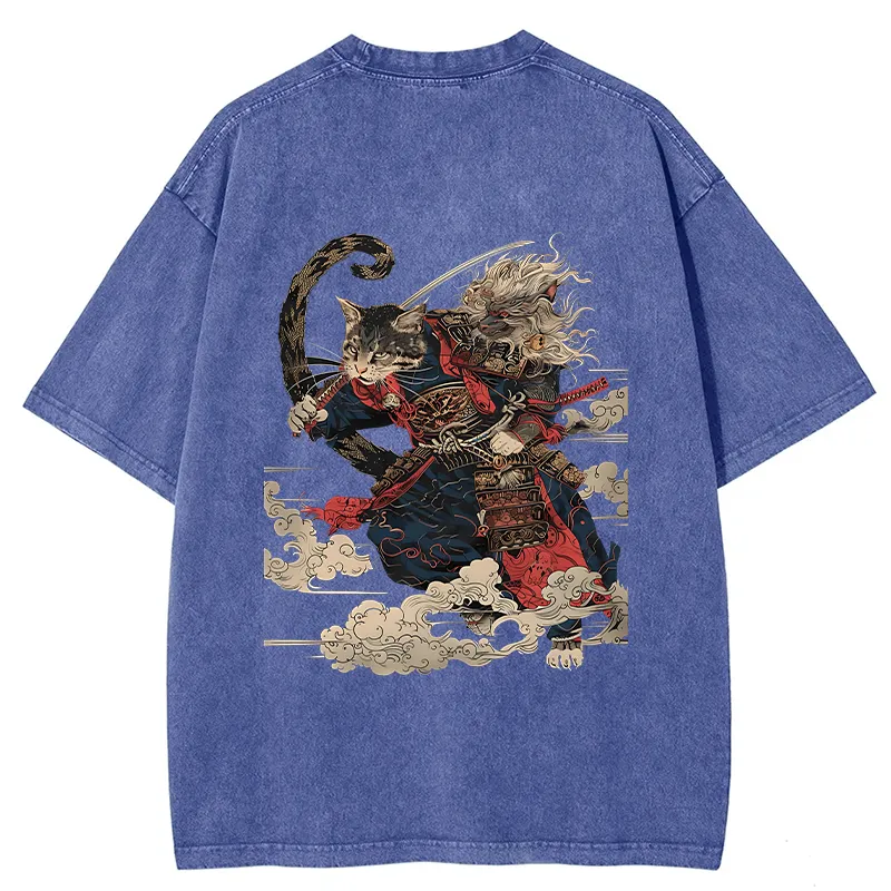 Tokyo-Tiger Gorgeous Samurai Cat Washed T-Shirt