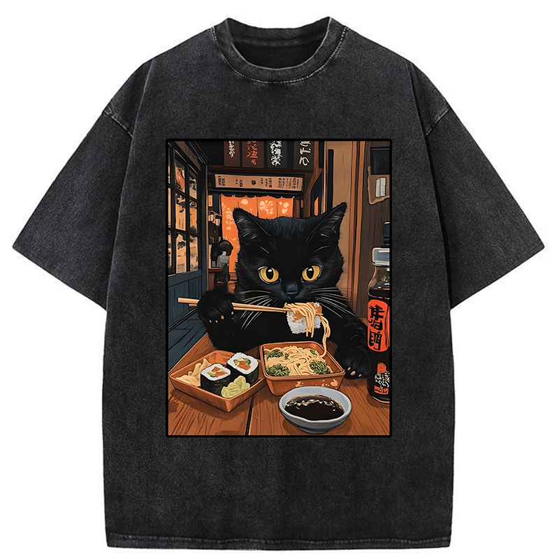 Tokyo-Tiger Black Cat Eating At Sushi Restaurant Washed T-Shirt