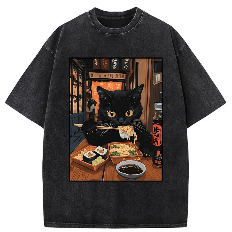 Tokyo-Tiger Black Cat Eating At Sushi Restaurant Washed T-Shirt