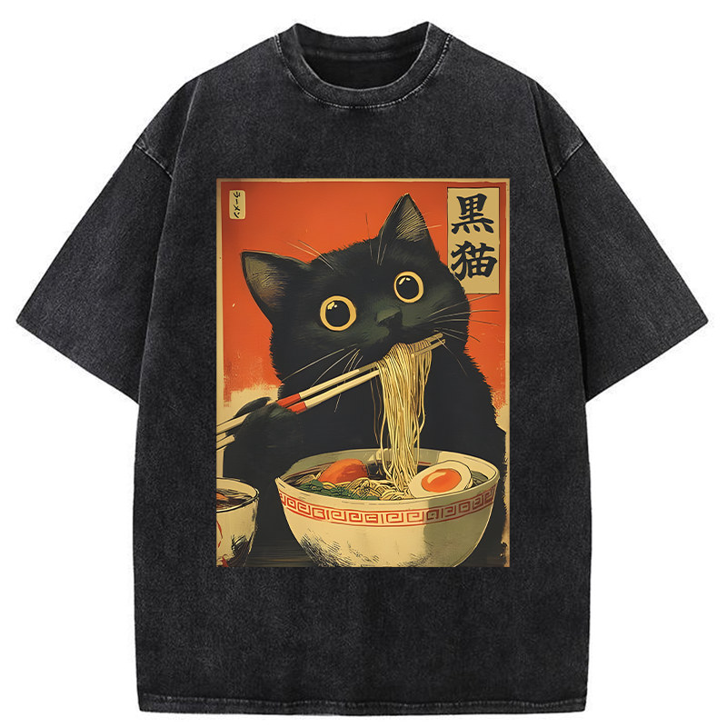 Tokyo-Tiger Black Cat Eats Japanese Ramen Retro Washed T-Shirt