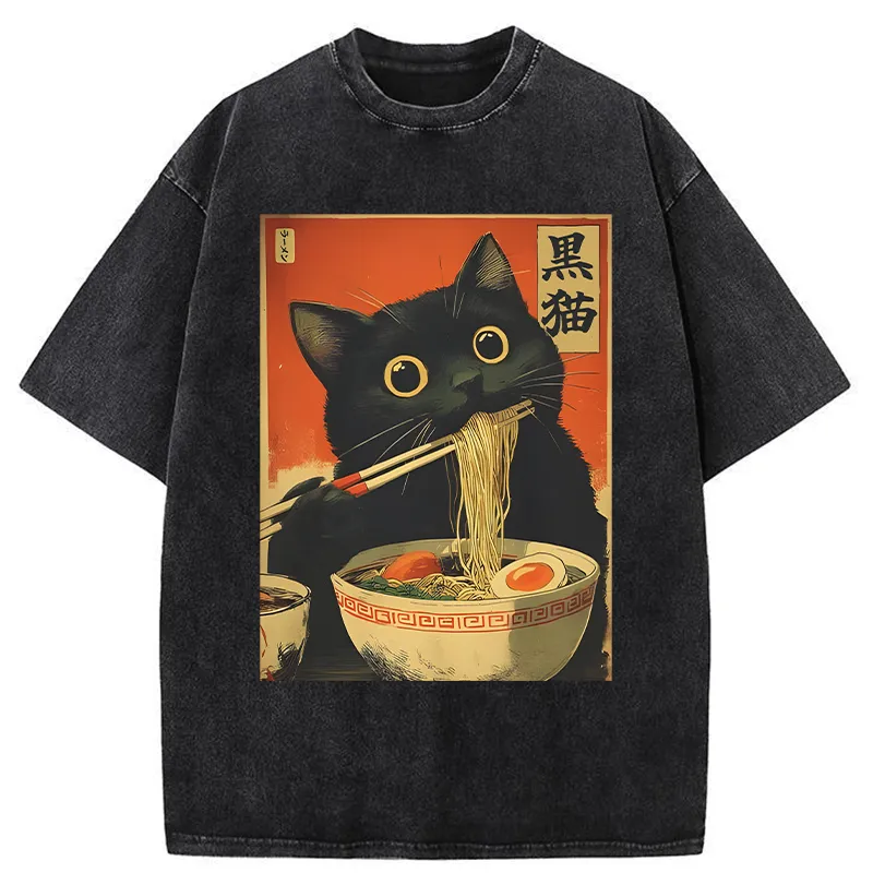 Tokyo-Tiger Black Cat Eats Japanese Ramen Retro Washed T-Shirt