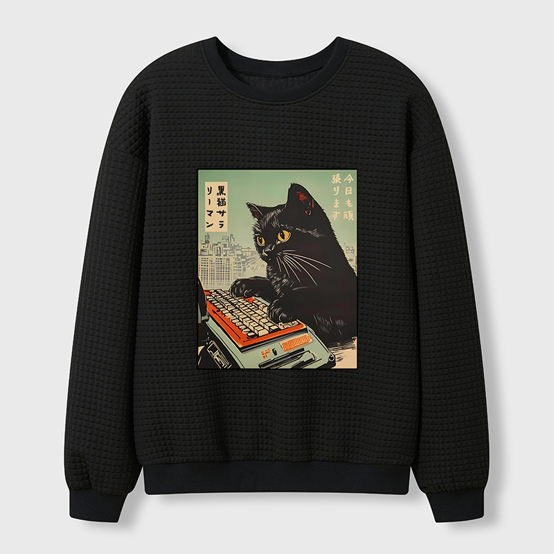 Tokyo-Tiger Cat Typing Waffle Sweatshirt