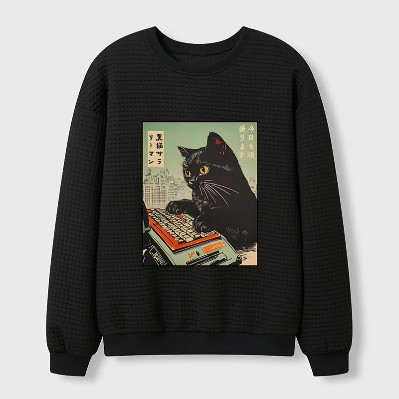 Tokyo-Tiger Cat Typing Waffle Sweatshirt