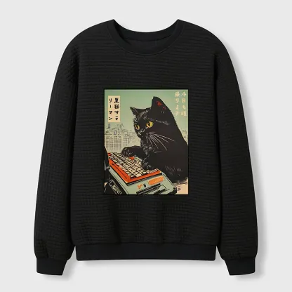 Tokyo-Tiger Cat Typing Waffle Sweatshirt