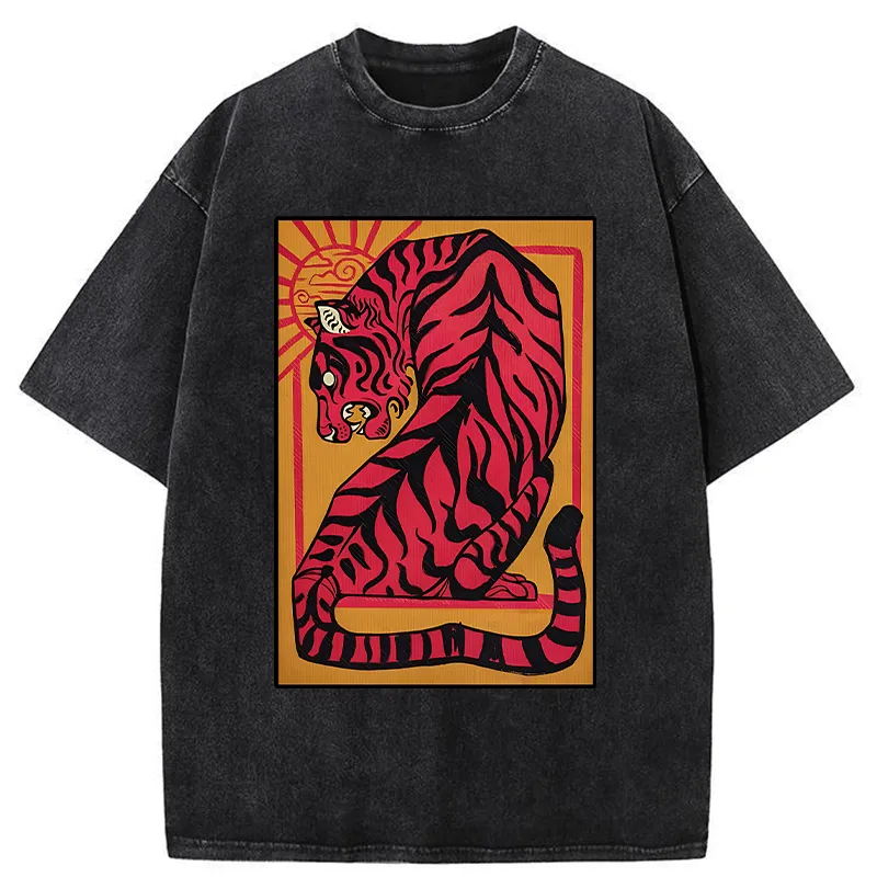 Tokyo-Tiger Powerful Tiger Woodcut Print Washed T-Shirt Sale