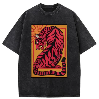 Tokyo-Tiger Powerful Tiger Woodcut Print Washed T-Shirt