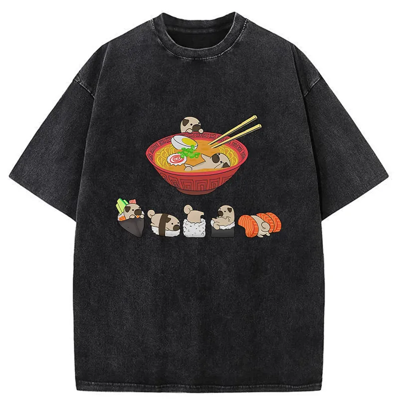 Tokyo-Tiger Pug Dog And Japanese Foods Washed T-Shirt