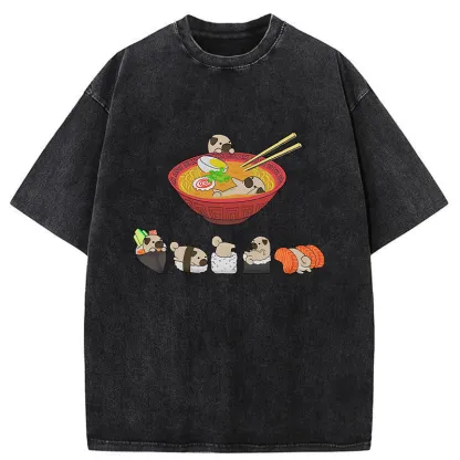 Tokyo-Tiger Pug Dog And Japanese Foods Washed T-Shirt
