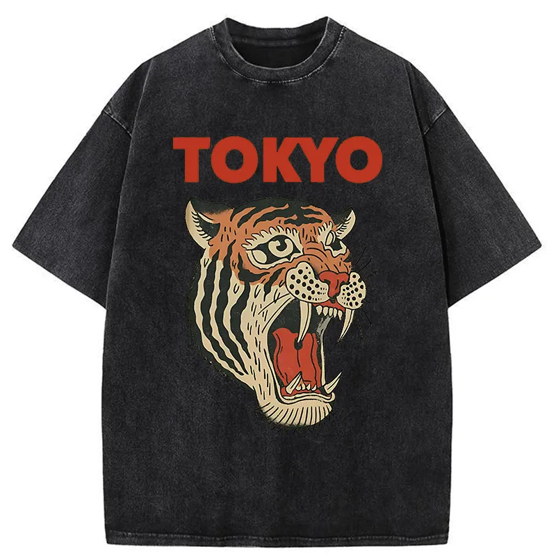 Tokyo-Tiger Retro Ukiyo-e Tiger Washed T-Shirt