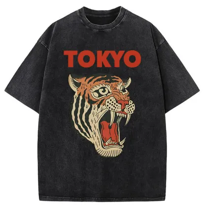 Tokyo-Tiger Retro Ukiyo-e Tiger Washed T-Shirt