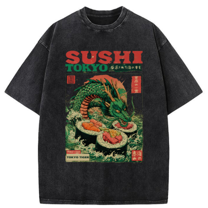 Tokyo-Tiger Ocean Dragon Sushi Washed T-Shirt