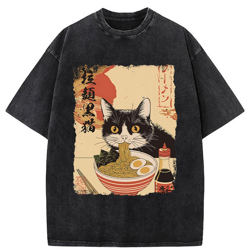 Tokyo-Tiger Black Cat Eats Ramen Japan Retro Washed T-Shirt