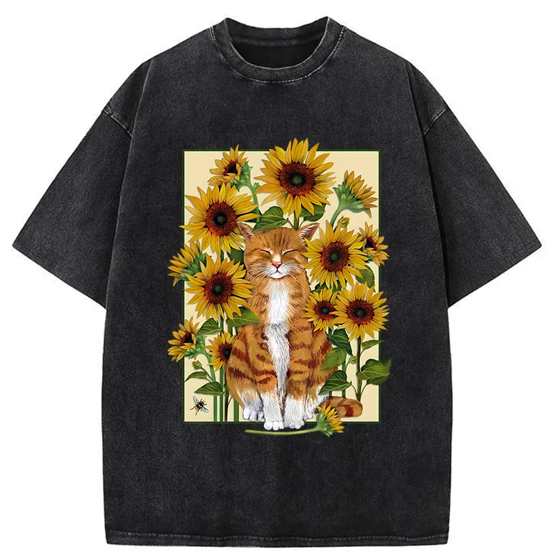 Tokyo-Tiger Sunflower And Orange Cat Washed T-Shirt
