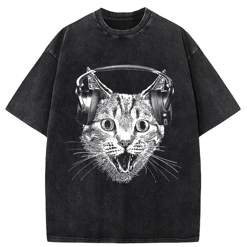 Tokyo-Tiger Cat With Headphones Washed T-Shirt Sale