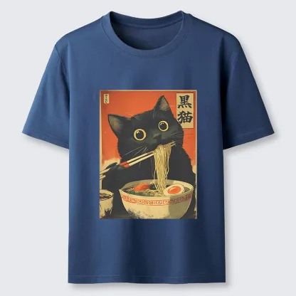 Tokyo-Tiger Black Cat Eats Japanese Ramen Retro Classic T-Shirt
