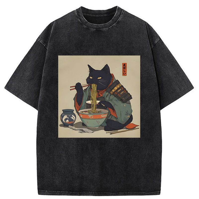 Tokyo-Tiger Cat Warrior Eating Ramen Washed T-Shirt