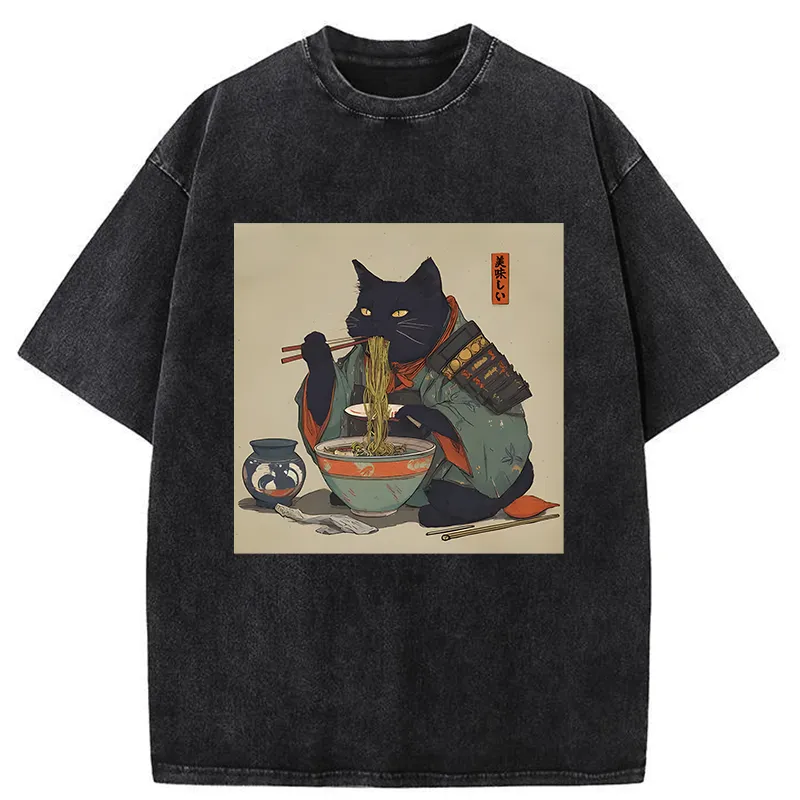 Tokyo-Tiger Cat Warrior Eating Ramen Washed T-Shirt
